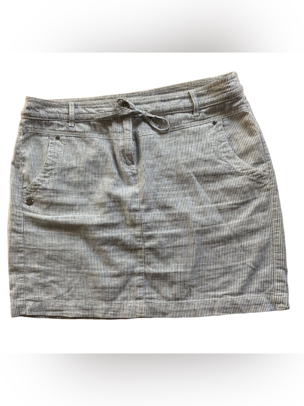 Dalia Linen Blend Blue Striped Casual Drawstring Mini Skirt Size 10 EUC